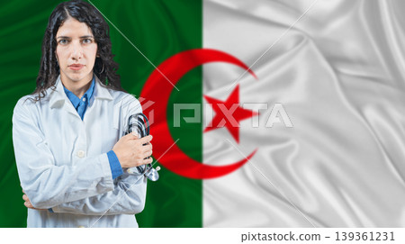 Algerian national health system, Medical professional on Algeria flag background 139361231