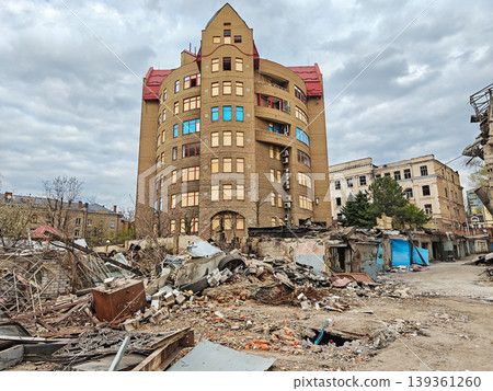 Destroyed garages and damaged residential buildings ballistic missile Destroyed garages and damaged residential buildings ballistic missile 139361260