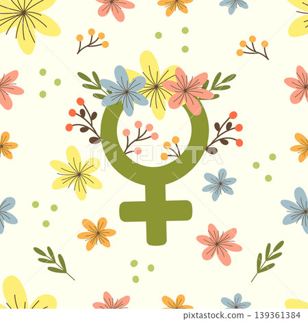 Female venus symbol with spring flowers and leaves seamless pattern vector illustration. Female venus symbol with spring flowers and leaves seamless pattern vector illustration. 139361384