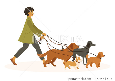 Professional female dog walker with many different pets on white background vector illustration. Professional female dog walker with many different pets on white background vector illustration. 139361387