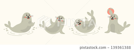 Cute baby seal character set with funny poses and emotions vector illustration. 139361388