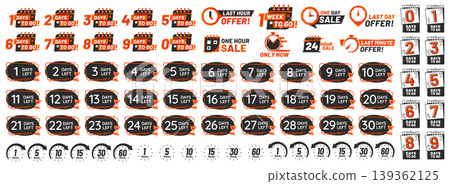 Sale countdown set with urgency timers and limited badges for ecommerce banner templates, retail sticker and promotion. Vector collection of icon labels for marketing graphics and deadline elements 139362125