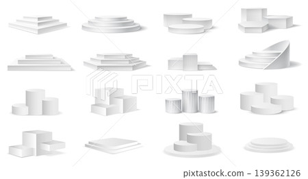 Podium pedestal realistic 3D set with different geometric shapes and shadows. Vector collection of white blank platforms for award ceremony mockups, presentation compositions and display shelves Podium pedestal realistic 3D set with different geometric shapes and shadows. Vector collection of white blank platforms for award ceremony mockups, presentation compositions and display shelves 139362126