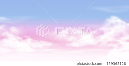 Sky cloudscape panorama with gradient blue pink fluffy cumulus. Vector illustration of airy pastel mist sky for wallpaper background and banner template, nursery or romantic card 139362128