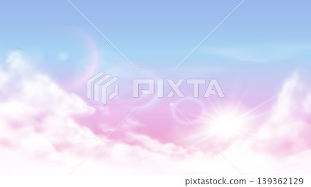 Sky cloudscape panorama with sunrise rays and pastel mist. Scene of gradient blue pink sky with clouds for wallpaper background, banner template or travel card. Vector illustration for romantic cards Sky cloudscape panorama with sunrise rays and pastel mist. Scene of gradient blue pink sky with clouds for wallpaper background, banner template or travel card. Vector illustration for romantic cards 139362129