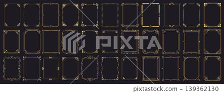 Golden calligraphic frame set with filigree borders and art deco scrolls on black background. Vintage vector collection ornate portals frame, rectangular ornaments for covers or certificate template Golden calligraphic frame set with filigree borders and art deco scrolls on black background. Vintage vector collection ornate portals frame, rectangular ornaments for covers or certificate template 139362130
