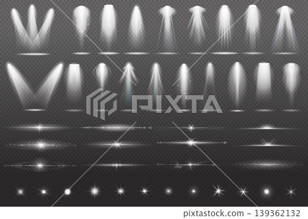 Beam spotlight set with floodlight rays and space illuminators lights effects, glitter flares. Realistic vector transparent elements for radiant streaks beam searchlight and isolated shimmer graphics Beam spotlight set with floodlight rays and space illuminators lights effects, glitter flares. Realistic vector transparent elements for radiant streaks beam searchlight and isolated shimmer graphics 139362132