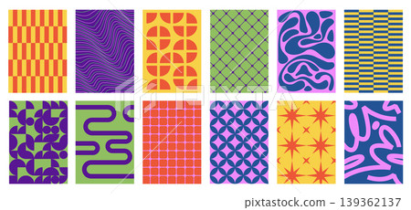 Geometric poster pattern set with abstract symmetry, wavy mazes and checker tiles. Bright vector collection of mosaic ornaments for textile textures, print decor for retro wallpaper and backgrounds Geometric poster pattern set with abstract symmetry, wavy mazes and checker tiles. Bright vector collection of mosaic ornaments for textile textures, print decor for retro wallpaper and backgrounds 139362137