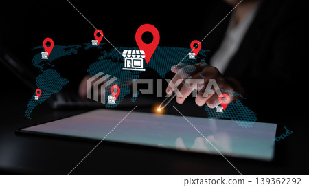 Business strategy with digital map and location markers for online retail, highlighting global market expansion and e-commerce development opportunities Gantry Business strategy with digital map and location markers for online retail, highlighting global market expansion and e-commerce development opportunities Gantry 139362292