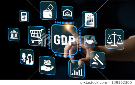 Modern Digital Interface Displaying Various Economic and Financial Icons Representing GDP and Relevant Data Analysis in a Contemporary Business Environment Fluxor 139362300