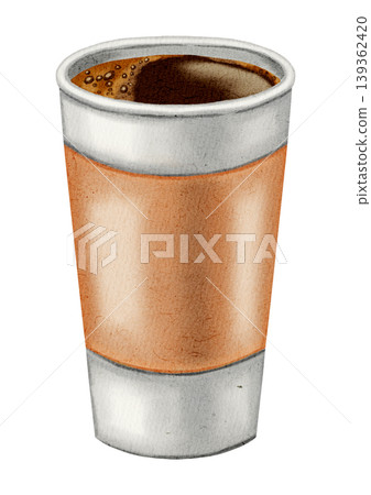 Watercolor illustration of a takeaway coffee cup. Paper cup of coffee to go. Illustrations for coffee shops, cafes, packaging, menus, and product design. Watercolor illustration of a takeaway coffee cup. Paper cup of coffee to go. Illustrations for coffee shops, cafes, packaging, menus, and product design. 139362420