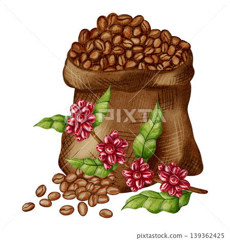 Hand drawn watercolor illustration depicting a jute bag filled with roasted coffee and a branch with ripe coffee berries. Perfect for coffee shops, packaging, branding, and menus. Hand drawn watercolor illustration depicting a jute bag filled with roasted coffee and a branch with ripe coffee berries. Perfect for coffee shops, packaging, branding, and menus. 139362425