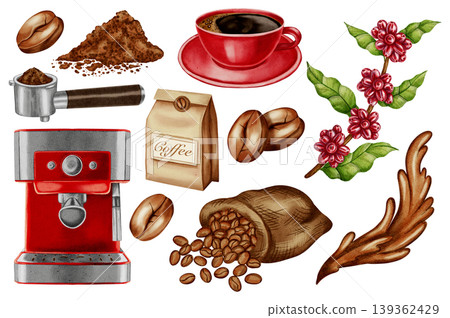 Watercolor coffee set with espresso machine, cup, beans, ground coffee and coffee bag. Hand-drawn artwork great for shops, cafes, packaging, menu and branding projects. 139362429