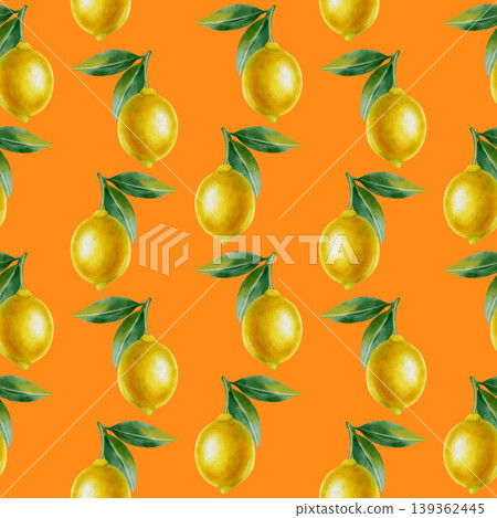 Seamless watercolor pattern featuring whole yellow lemons on green branches with leaves. This hand-drawn summer botanical illustration is perfect for fabric, wallpaper, packaging, and kitchen decor Seamless watercolor pattern featuring whole yellow lemons on green branches with leaves. This hand-drawn summer botanical illustration is perfect for fabric, wallpaper, packaging, and kitchen decor 139362445