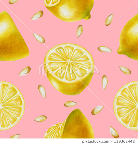 Watercolor seamless pattern with sliced lemons, citrus halves and seeds. Hand-drawn summer botanical illustration is perfect for fabric, wallpaper, packaging, and kitchen decor, cafe menu Watercolor seamless pattern with sliced lemons, citrus halves and seeds. Hand-drawn summer botanical illustration is perfect for fabric, wallpaper, packaging, and kitchen decor, cafe menu 139362448