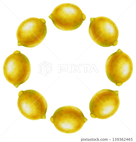 Watercolor wreath of whole ripe yellow lemons. Hand-drawn circle of citrus fruits isolated on a white background. Suitable for summer design, food design, packaging, home decor, and markets. Watercolor wreath of whole ripe yellow lemons. Hand-drawn circle of citrus fruits isolated on a white background. Suitable for summer design, food design, packaging, home decor, and markets. 139362465