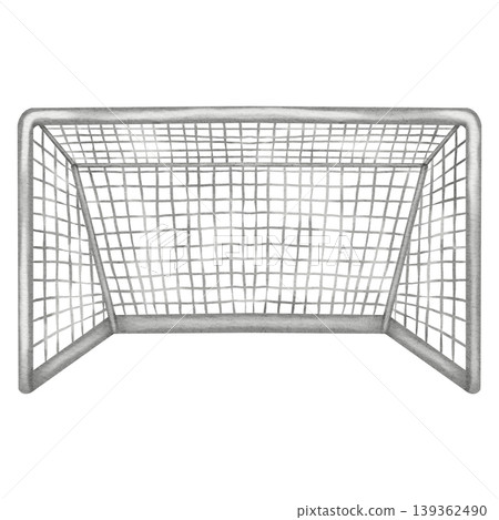 Watercolor illustration of soccer goal net. Sports equipment for scoring isolated on white background. Concept of target and victory. Soccer. Sport. Sports competition. 139362490