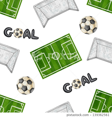 Watercolor seamless pattern with green football field, goal nets and soccer balls. Hand drawn stadium elements for sport event branding and textile prints. Football. Sport 139362561