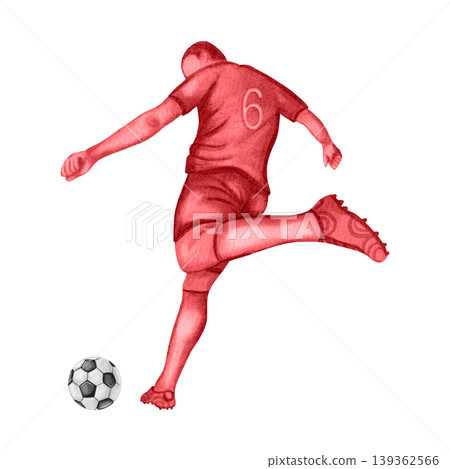 Watercolor illustration of a soccer player in a red uniform dribbling a ball. Dynamic sports action and movement, isolated on a white background. Football. Sports. Sports competition. Watercolor illustration of a soccer player in a red uniform dribbling a ball. Dynamic sports action and movement, isolated on a white background. Football. Sports. Sports competition. 139362566