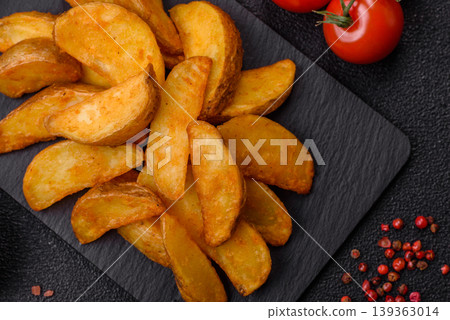 Potato wedges baked with garlic, herbs, and spices for lunch. Potato wedges Potato wedges baked with garlic, herbs, and spices for lunch. Potato wedges 139363014