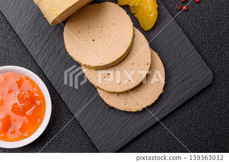 Foie gras, sliced chicken liver with fruit jam for French toast. Foie gras 139363032