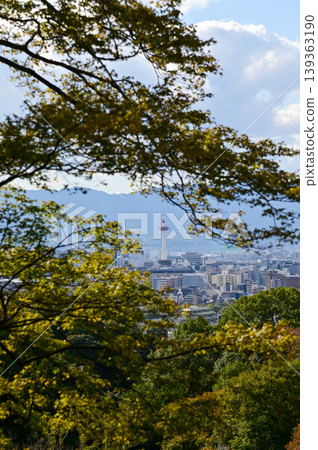 The view of Kyoto city skyline with blue sky and trees from kiyomizu-dera temple in Kyoto, Japan. Major tourist attraction in Kansai region in Japan. Travel concept. Japan cityscape. 139363190