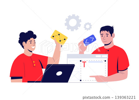 Developer teamwork scene with coding laptops and UI wireframes for software project banners, tech startup websites, and agile sprint or training presentation design. Vector illustration Developer teamwork scene with coding laptops and UI wireframes for software project banners, tech startup websites, and agile sprint or training presentation design. Vector illustration 139363221