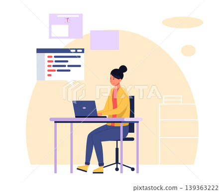 Programmer developer scene with coding laptop and UI interface for software engineering banners, remote workspace websites, and tech tutorial or course presentation design. Vector illustration Programmer developer scene with coding laptop and UI interface for software engineering banners, remote workspace websites, and tech tutorial or course presentation design. Vector illustration 139363222