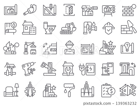 Renovation line icon set with construction tools and blueprint plans for contractor app design, home remodel banners, and DIY or building website illustrations. Vector collection 139363232