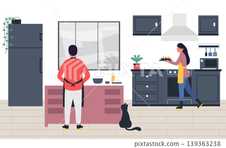 Kitchen baking scene with couple and dessert muffins for family meal banners, lifestyle website templates, and home cooking or social media design. Modern vector illustration 139363238