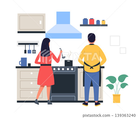 Kitchen cooking scene with couple and steaming pots for family dinner banners, recipe website headers, and lifestyle blog or app template design. Modern vector illustration Kitchen cooking scene with couple and steaming pots for family dinner banners, recipe website headers, and lifestyle blog or app template design. Modern vector illustration 139363240