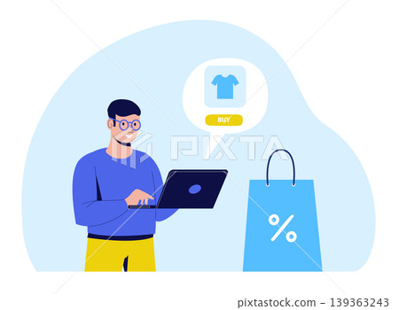 Ecommerce online shopping scene with laptop and payment cards for retail marketplace banners, fashion website design, and fintech app or startup presentation templates. Modern vector illustration Ecommerce online shopping scene with laptop and payment cards for retail marketplace banners, fashion website design, and fintech app or startup presentation templates. Modern vector illustration 139363243