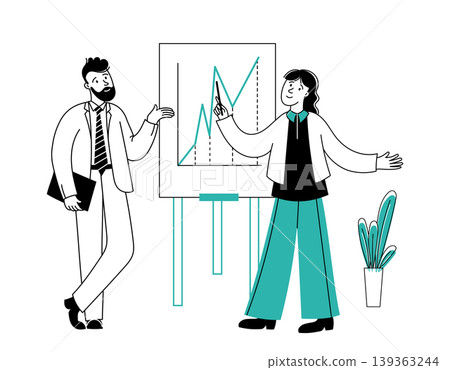 Business team meeting with presentation charts and data analysis for corporate strategy banners, startup website design, and marketing or finance infographics. Flat vector illustration Business team meeting with presentation charts and data analysis for corporate strategy banners, startup website design, and marketing or finance infographics. Flat vector illustration 139363244