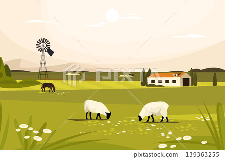 Countryside farm landscape with pasture sheep and wind turbines for sustainable agriculture banners, rural tourism posters, and eco friendly website templates. Scenic vector illustration Countryside farm landscape with pasture sheep and wind turbines for sustainable agriculture banners, rural tourism posters, and eco friendly website templates. Scenic vector illustration 139363255
