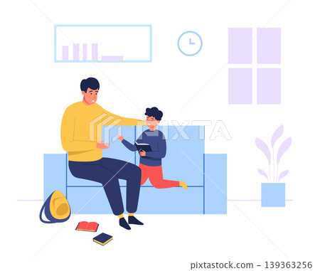Family father and son reading scene for parenting education banners, homeschool website design, and learning app or social media graphics. Cozy vector illustration of bonding characters Family father and son reading scene for parenting education banners, homeschool website design, and learning app or social media graphics. Cozy vector illustration of bonding characters 139363256