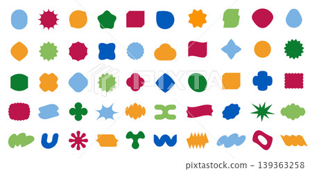 Abstract blob shape set with badges and starbursts for sticker labels, social media branding, and modern web or app UI design. Colorful vector collection Abstract blob shape set with badges and starbursts for sticker labels, social media branding, and modern web or app UI design. Colorful vector collection 139363258