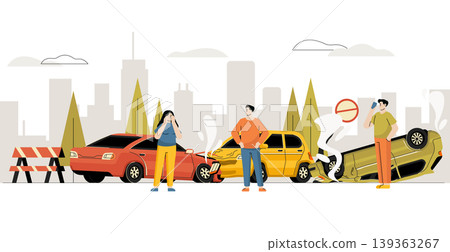Car accident crash scene with emergency services and traffic damage for insurance claim banners, safety infographics, and urban warning or website design. Vector illustration Car accident crash scene with emergency services and traffic damage for insurance claim banners, safety infographics, and urban warning or website design. Vector illustration 139363267
