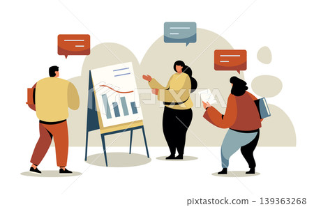 Teamwork meeting illustration with flipcharts and data graphs for business presentations, corporate training, and startup strategy or workshop design. Flat vector set Teamwork meeting illustration with flipcharts and data graphs for business presentations, corporate training, and startup strategy or workshop design. Flat vector set 139363268