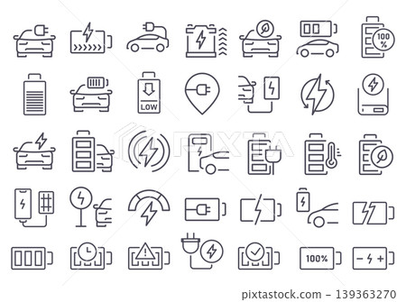 Electric vehicle battery icon set with charge gauges and power cables for smart dashboard UI, renewable energy infographics, and clean transport signage. Minimal vector collection 139363270