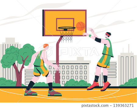 Street basketball game with players and city skyline for urban sport posters, team tournament banners, and fitness app or website design. Stylized vector illustration Street basketball game with players and city skyline for urban sport posters, team tournament banners, and fitness app or website design. Stylized vector illustration 139363271