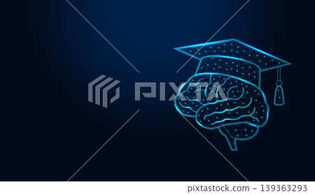 Low poly wireframe brain with graduation cap on dark blue background. Low poly wireframe brain with graduation cap on dark blue background. 139363293