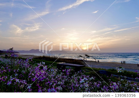 從京都府京丹後市阿彌野町濱爪夕日浦海灘沙灘日落步道的長椅上欣賞日落。 從京都府京丹後市阿彌野町濱爪夕日浦海灘沙灘日落步道的長椅上欣賞日落。 139363356