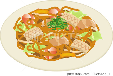 盛在盤子裡的豪華食材炒麵 盛在盤子裡的豪華食材炒麵 139363607