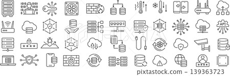 A set of monochrome vector line art icons related to data centers. 139363723