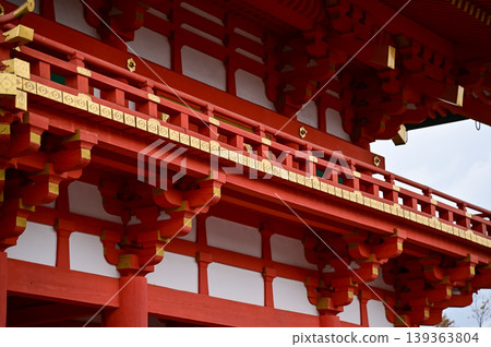 Close-up view of Fushimi Inari Taisha(Fushimi Inari Shrine) is a popular tourist destination in Kyoto, Japan.  Fushimi Inari Shrine architecture. Building exterior. 139363804
