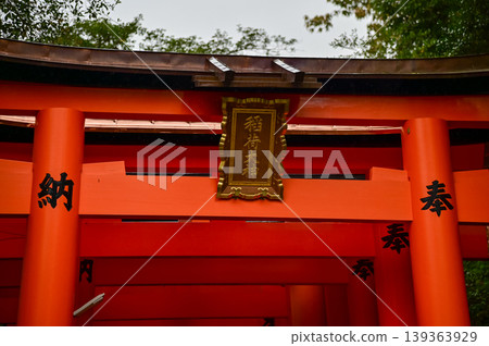 The plaque of Fushimi Inari Taisha in Kyoto, Japan. Fushimi Inari Shrine is a popular tourist destination. Chinese character in the picture means: dedication & Fushimi Inari Shrine. 139363929