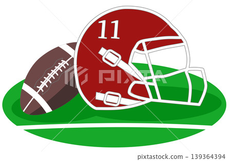 American Football Equipment Illustration featuring Helmet and Ball on Green Field 139364394