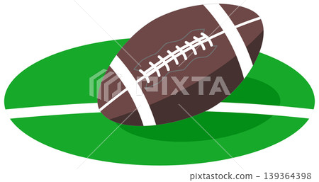 Classic Rugby Ball Illustration on Green Pitch with Pitch Lines 139364398