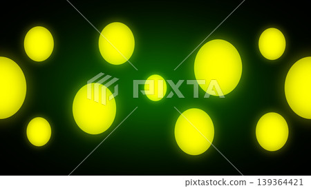 Abstract dark background with glowing yellow circular spots and a soft green aura. Futuristic bokeh or lens flare effect. 139364421