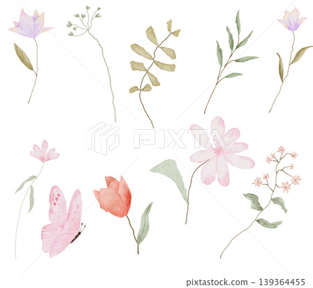 watercolor clipart set with soft pastel wildflowers, leaves, and botanical stems in pink, purple, and green tones isolated on a transparent background. Ideal for invitations watercolor clipart set with soft pastel wildflowers, leaves, and botanical stems in pink, purple, and green tones isolated on a transparent background. Ideal for invitations 139364455
